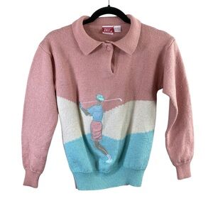Tail‎ Women's Pink Cream Blue Embroidered Wool Acrylic Blend Golf Sweater Sz S